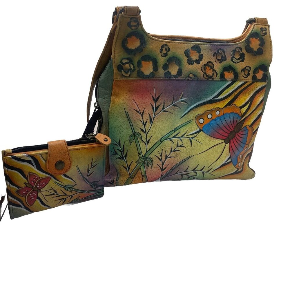 Anuschka Hand Painted Leather Handbag Butterfly Bamboo with attached wallet